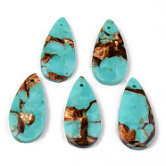 Assembled Natural Bronzite and Synthetic Turquoise Pendants, Teardrop, 35x16~17x4~5mm, Hole: 1.4mm(G-N330-018)