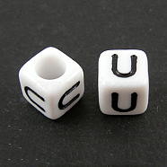Letter Acrylic European Beads, Horizontal Hole, Cube, Letter.U, 10x10x10mm, Hole: 3.5~4mm, about 59pcs/50g(X-OPDL-R050-10mm-U)