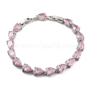 Rack Plating Brass Pave Cubic Zirconia Teardrop Links Bracelets for Women, Platinum, Hot Pink, 8 inch(20.3cm)(BJEW-H604-01P-03)