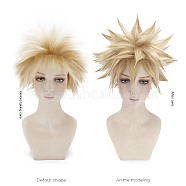 Short Blonde Wavy Cosplay Party Wigs, Synthetic Hero Wigs for Makeup Costume, with bang, 4 inch(10cm)(OHAR-I015-03)