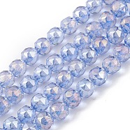Transparent Electroplate Glass Beads Strands, Faceted, Round, AB Color Plated, Cornflower Blue, 9~10x9~9.5mm, Hole: 1.4mm, about 54~60pcs/strand, 18.90~21.65 inch(48~55cm)(EGLA-F154-AB04)