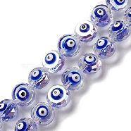 Transparent Evil Eye Glass Beads Strands, with Enamel, Faceted, Flat Round, Blue, 10x8~8.5mm, Hole: 1.4mm, about 40pcs/strand, 14.57''(37cm)(LAMP-K037-06H)