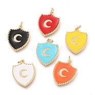 Brass Micro Pave Clear Cubic Zirconia Pendants, Long-Lasting Plated, with Jump Rings & Enamel, Real 18K Gold Plated, Shield with Moon, Mixed Color, 23x18x2mm, Hole: 3mm(ZIRC-B0004-01G)