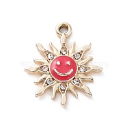 Alloy Enamel Pendants, with Crystal Rhinestone, Smiling Sun Charms, Golden, Crimson, 22.5x19.5x2.5mm, Hole: 2mm(ENAM-P245-01G-01)