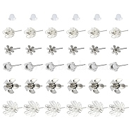 30Pcs 5 Styles 304 Stainless Steel Stud Earring Findings, Flower, 30Pcs Plastic Ear Nuts, Stainless Steel Color, 4~16x4~16mm, Pin: 0.7~0.8mm, 6pcs/style(STAS-YW0001-87)