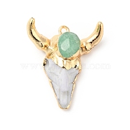 Faceted Natural Dyed Jade Pendants, with Light Gold Tone Brass Finding and Resin, Cattle' Head Charms, Dark Sea Green, 28.5x26x13mm, Hole: 1.8mm(KK-E049-01KCG-06)