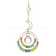 Wire Wrapped Glass & Brass Ring Pendant Decoration, with Round Glass and Moon Brass Charm, for Home Hanging Decoration, Colorful, 294mm, Hole: 8mm(HJEW-TA00081)