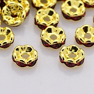 Brass Rhinestone Spacer Beads, Grade A, Wavy Edge, Golden Metal Color, Rondelle, Siam, 6x3mm, Hole: 1mm(RB-A014-L6mm-22G)