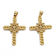 Brass Micro Pave Clear Cubic Zirconia Pendants, Long-Lasting Plated, Cross, Real 18K Gold Plated, 36x26.5x4mm, Hole: 3.5x5.5mm(ZIRC-J025-42G)