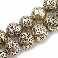Electroplated Natural Lava Rock Beads Strands, Round, Light Gold Plated, 8~9mm, Hole: 1mm, about 46pcs/strand, 14.76 inch(G-N0321-14A)