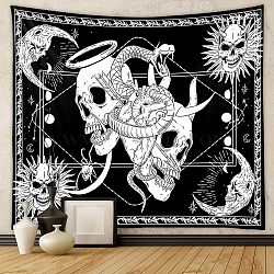 Snake & Skull Pattern Polyester Wall Hanging Tapestry, Moon and Sun Tapestry for Bedroom Living Room Decoration, Rectangle, Black, 1300x1500mm(SNAK-PW0001-45B-04)