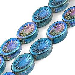 Electroplate Glass Beads Strands, Half Rainbow Plated, Oval with Flower, Turquoise, 14x10.4x4.8mm, Hole: 1.2mm, about 45pcs/strand, 25.04 inch(63.6cm)(EGLA-G037-13A-HR01)