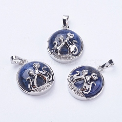 Natural Sodalite Pendants, with Brass Findings, Flat Round with Fox, Platinum, 28~29x23~24x9~10mm, Hole: 5x7mm(G-K234-A11)