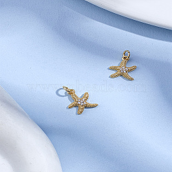 2Pcs Brass Micro Pave Grade AAA Cubic Zirconia Pendants, Starfish/Sea Stars, Lead Free & Nickel Free & Cadmium Free, with Jump Ring, Real 18K Gold Plated, 13x10.5x2mm, Hole: 3.5mm(ZIRC-LP0001-40)