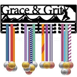 Fashion Iron Medal Hanger Holder Display Wall Rack, 3-Line, with Screws, Black, Word Grace & Grit, 150x400mm, Hole: 5mm(ODIS-WH0037-239)