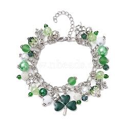 Alloy Multi Charms Chain Bracelets, Green Glass Round Beaded & Clover Charm Bracelets for Women Girl, Platinum, 7-1/4 inch(18.5cm)(BJEW-JB11201)