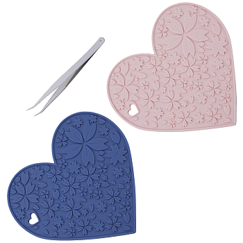 2Pcs 2 Colors Silicone Hot Mats for Hot Dishes, Heart with Sakura Pattern, with 1Pc Iron Beading Tweezers, Mixed Color, 180x190x5.5mm