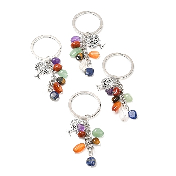 Natural Gemstone Keychains, with Alloy Tree of Life Charms and Keychain Ring Clasps, 83mm