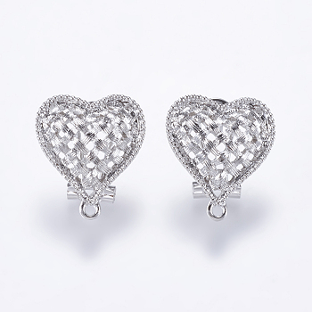 Alloy Stud Earring Findings, with Loop, Hollow Heart, Platinum, 22x19.5mm, Hole: 1mm, Pin: 0.7mm