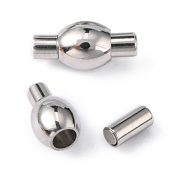 Smooth 304 Stainless Steel Magnetic Clasps with Glue-in Ends, Oval, Stainless Steel Color, 16x8mm, Hole: 3mm