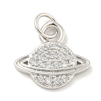 Rack Plating Brass Micro Pave Clear Cubic Zirconia Pendants, Long-Lasting Plated, with Jump Rings, Lead Free & Cadmium Free, Planet, Platinum, 12x13x2mm, Hole: 4mm