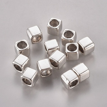 Tibetan Style Alloy European Beads, Large Hole Beads, Cube, Cadmium Free  & Lead Free, Antique Silver, 6x6x6mm, Hole: 4mm