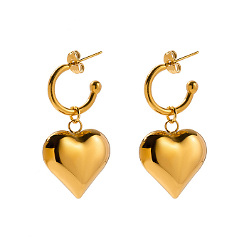 Ion Plating(IP) 304 Stainless Steel Heart Dangle Stud Earrings, Half Hoop Earrings, Golden, 37x20mm
