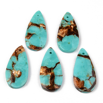 Assembled Natural Bronzite and Synthetic Turquoise Pendants, Teardrop, 35x16~17x4~5mm, Hole: 1.4mm