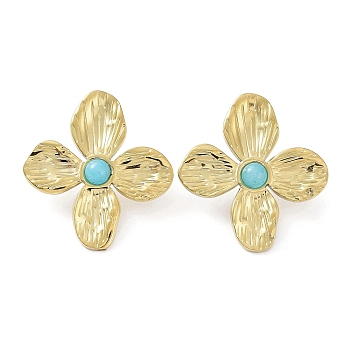 Natural Amazonite Flower Stud Earrings, Real 18K Gold Plated 304 Stainless Steel Earrings, 32.5x30mm