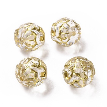 Plating Acrylic Beads, Golden Metal Enlaced, Round with Flower, Clear, 15.5mm, Hole: 2mm, about 209pcs/500g