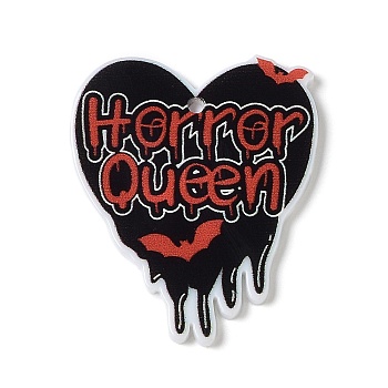 Halloween Letter Heart Acrylic Pendants, Black, 40.5x34.5x2.5mm, Hole: 2mm