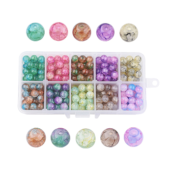 10 Colors Baking Painted Crackle Glass Beads, Round, Mixed Color, 8mm, Hole: 1.3~1.6mm, about 30pcs/compartment, 300pcs/box