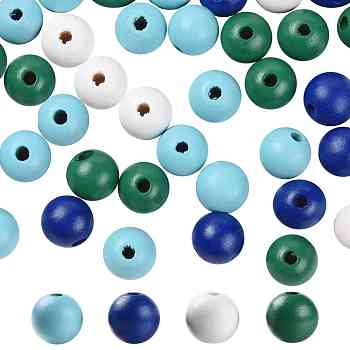 160 Pcs 4 Colors Summer Ocean Marine Style Painted Natural Wood Round Beads, with Waterproof Vacuum Packing, for DIY Crafts, Light Sky Blue & Sea Green & Blue & White, 16mm, Hole: 4mm, 40pcs/color