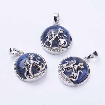 Natural Sodalite Pendants, with Brass Findings, Flat Round with Fox, Platinum, 28~29x23~24x9~10mm, Hole: 5x7mm