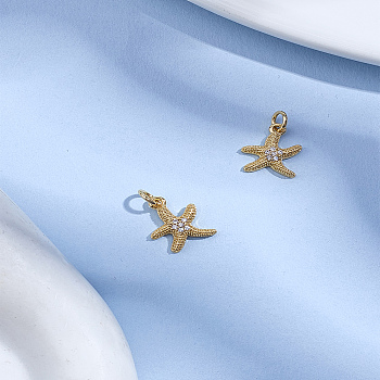 2Pcs Brass Micro Pave Grade AAA Cubic Zirconia Pendants, Starfish/Sea Stars, Lead Free & Nickel Free & Cadmium Free, with Jump Ring, Real 18K Gold Plated, 13x10.5x2mm, Hole: 3.5mm