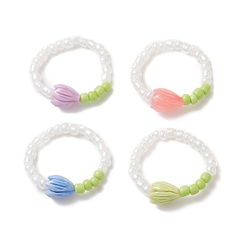Flower Bud Synthetic Coral & Glass Seed Beaded Stretch Ring for Women, Mixed Color, Inner Diameter: 18mm