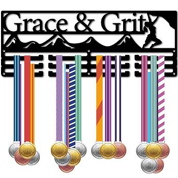 Fashion Iron Medal Hanger Holder Display Wall Rack, 3-Line, with Screws, Black, Word Grace & Grit, 150x400mm, Hole: 5mm