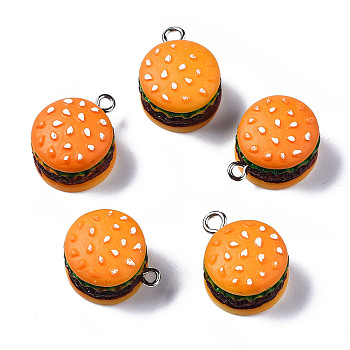 Opaque Resin Pendants, with Platinum Tone Iron Loop, Imitation Food, Hamburger, Orange, 20~21x16x13mm, Hole: 2mm