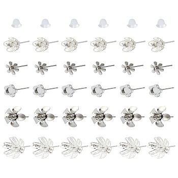 30Pcs 5 Styles 304 Stainless Steel Stud Earring Findings, Flower, 30Pcs Plastic Ear Nuts, Stainless Steel Color, 4~16x4~16mm, Pin: 0.7~0.8mm, 6pcs/style