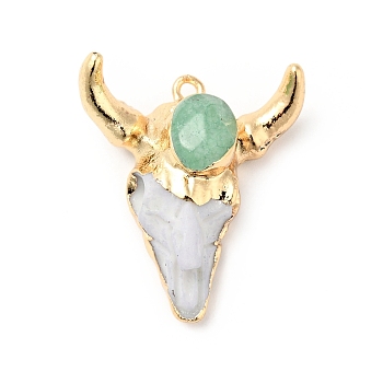 Faceted Natural Dyed Jade Pendants, with Light Gold Tone Brass Finding and Resin, Cattle' Head Charms, Dark Sea Green, 28.5x26x13mm, Hole: 1.8mm