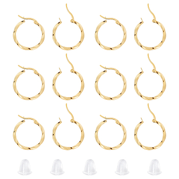 201 Stainless Steel Hoop Earrings, with 304 Stainless Steel Pins and Plastic Ear Nuts, Twisted Ring Shape, Golden, 25x2.5mm, Pin: 1x0.7mm, 20pairs/box