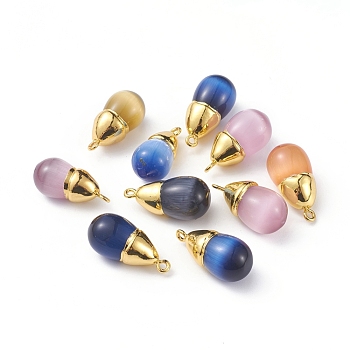 Cat Eye Pendants, with Golden Plated Brass Findings, Teardrop, Mixed Color, 25.5x12.5mm, Hole: 1.8mm