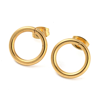304 Stainless Steel Stud Earrings for Women, Round Ring, Real 18K Gold Plated, 14mm, Pin: 0.7mm