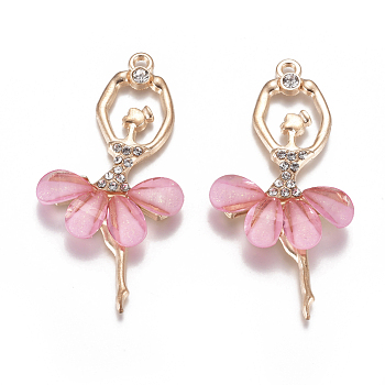 Alloy Big Pendants, with Resin & Crystal Rhinestone, Faceted, Ballerina, Golden, Pearl Pink, 59~60x30~31x4.5mm, Hole: 2.5mm