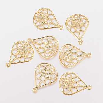 201 Stainless Steel Filigree Pendants, Textured, teardrop, with Floral Pattern , Golden, 20x15x1.2mm, Hole: 1mm