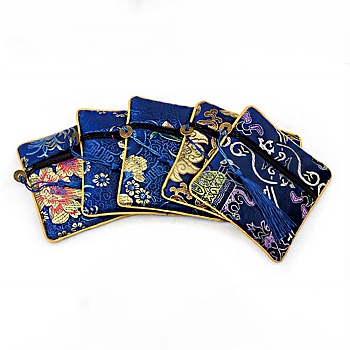 Chinese Brocade Tassel Zipper Jewelry Bag Gift Pouch, Square, Dark Blue, 11.5x11.5cm