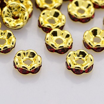 Brass Rhinestone Spacer Beads, Grade A, Wavy Edge, Golden Metal Color, Rondelle, Siam, 6x3mm, Hole: 1mm