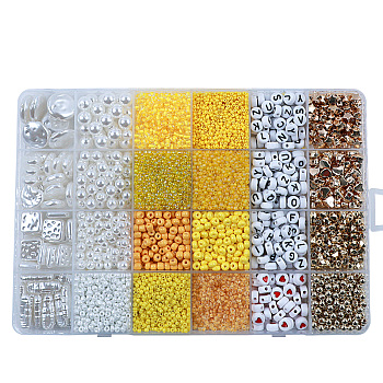 DIY 24 Style Acrylic & ABS Beads Jewelry Making Finding Kit, Flat Round & Star & Barrel & Round & Heart & Strip & Rhombus, Gold, 6~18.5x6~15x2.2~16.5x1.5~7.5mm, Hole: 0.7~1.8mm