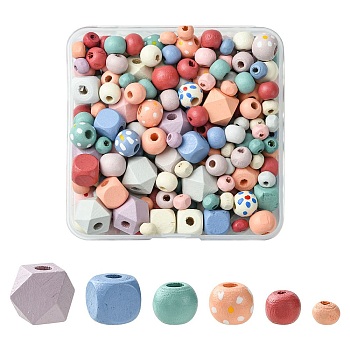 256Pcs 6 Styles Spray Painted Natural Maple Wood Beads, Round & Rondelle & Hexagon & Square, Mixed Shpaes, Mixed Color, 6.5~12x6.5~12x5~16mm, Hole: 2~3.5mm