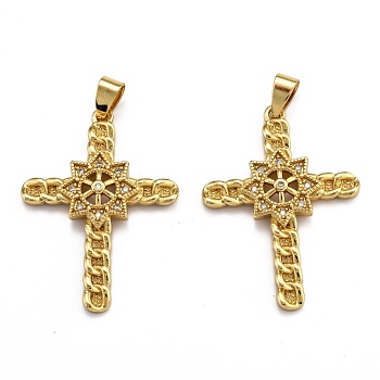 Brass Micro Pave Clear Cubic Zirconia Pendants, Long-Lasting Plated, Cross, Real 18K Gold Plated, 36x26.5x4mm, Hole: 3.5x5.5mm